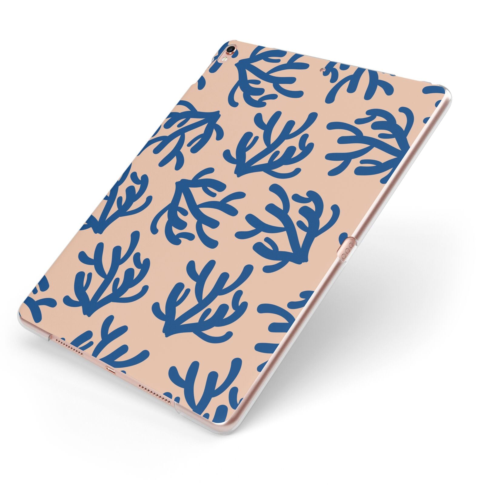 Blue Coral Apple iPad Case on Rose Gold iPad Side View