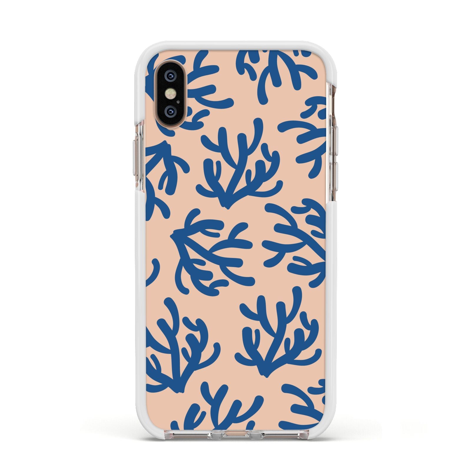 Blue Coral Apple iPhone Xs Impact Case White Edge on Gold Phone