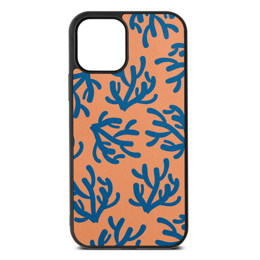 Blue Coral Orange Saffiano Leather iPhone 12 Case