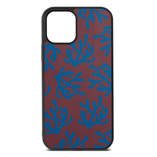 Blue Coral Rose Brown Saffiano Leather iPhone 12 Case