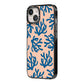 Blue Coral iPhone 14 Black Impact Case Side Angle on Silver phone