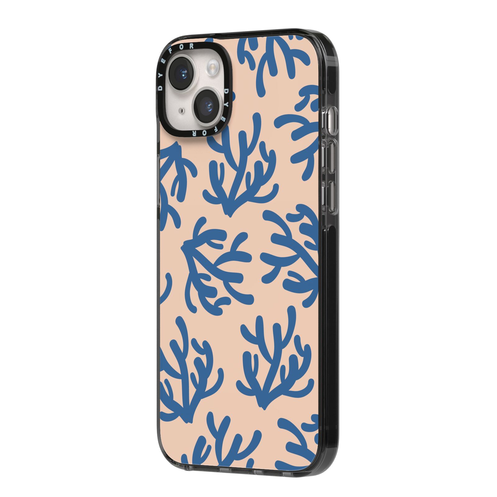Blue Coral iPhone 14 Plus Black Impact Case Side Angle on Silver phone