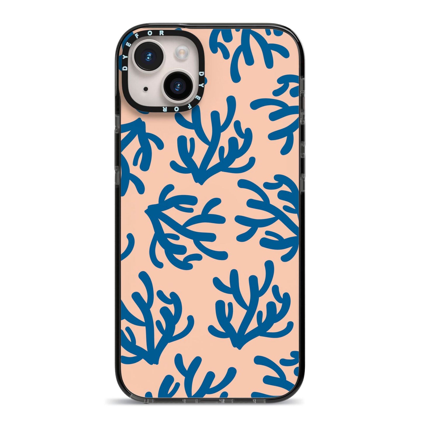 Blue Coral iPhone 14 Plus Black Impact Case on Silver phone