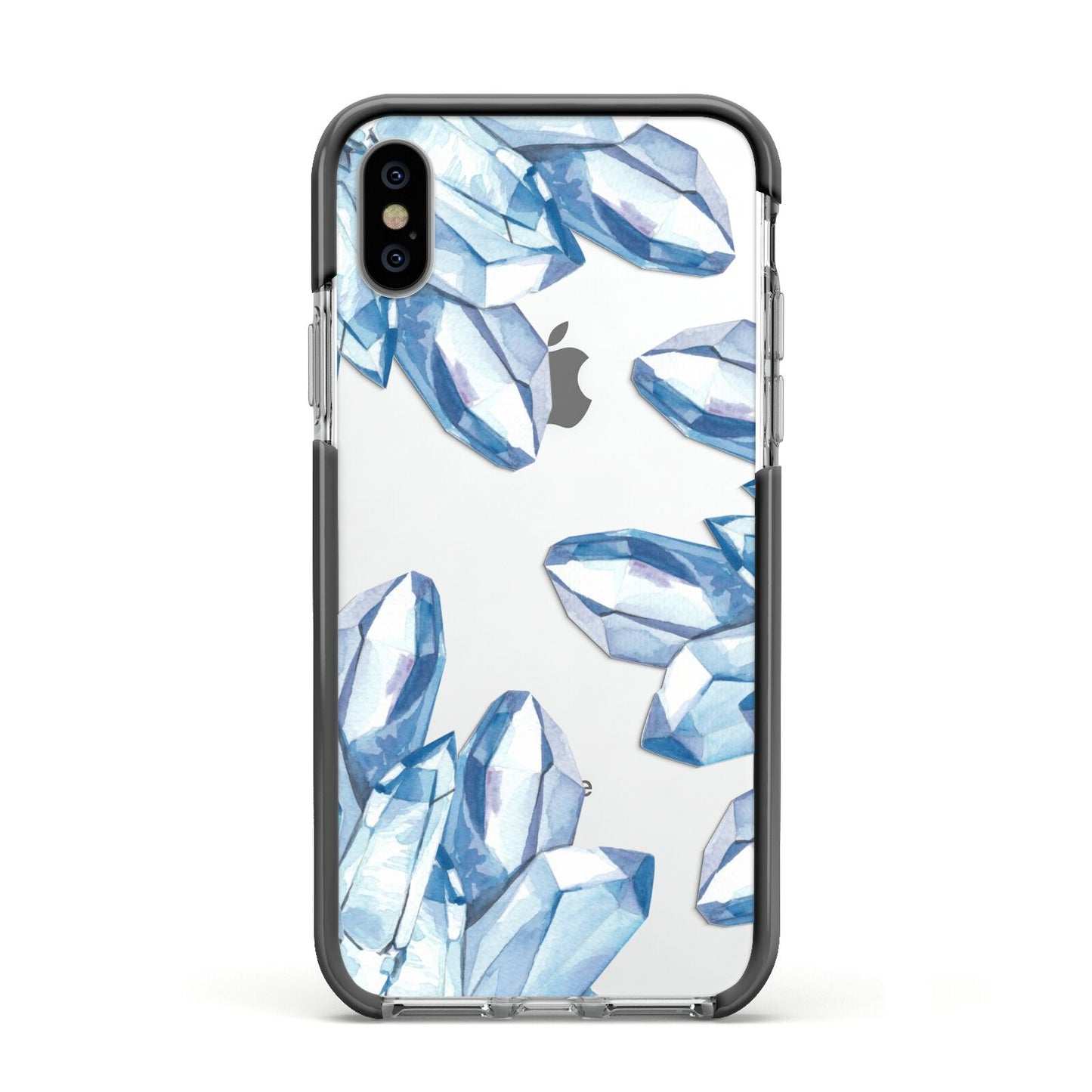 Blue Crystals Apple iPhone Xs Impact Case Black Edge on Silver Phone