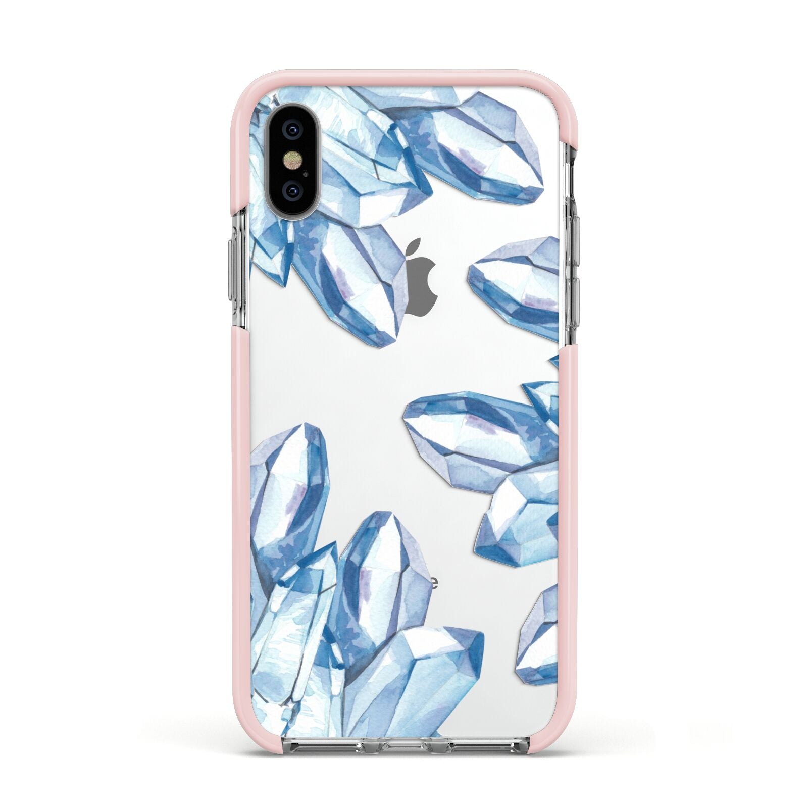 Blue Crystals Apple iPhone Xs Impact Case Pink Edge on Silver Phone