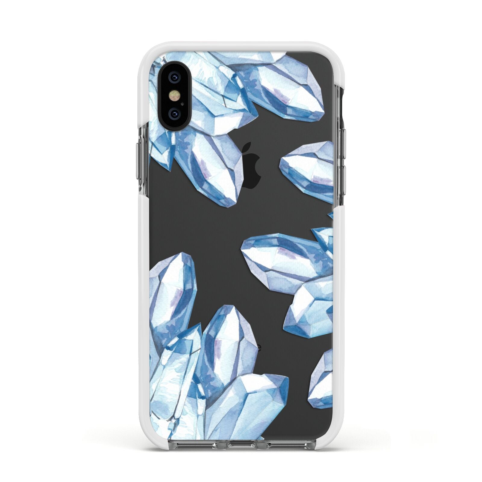 Blue Crystals Apple iPhone Xs Impact Case White Edge on Black Phone