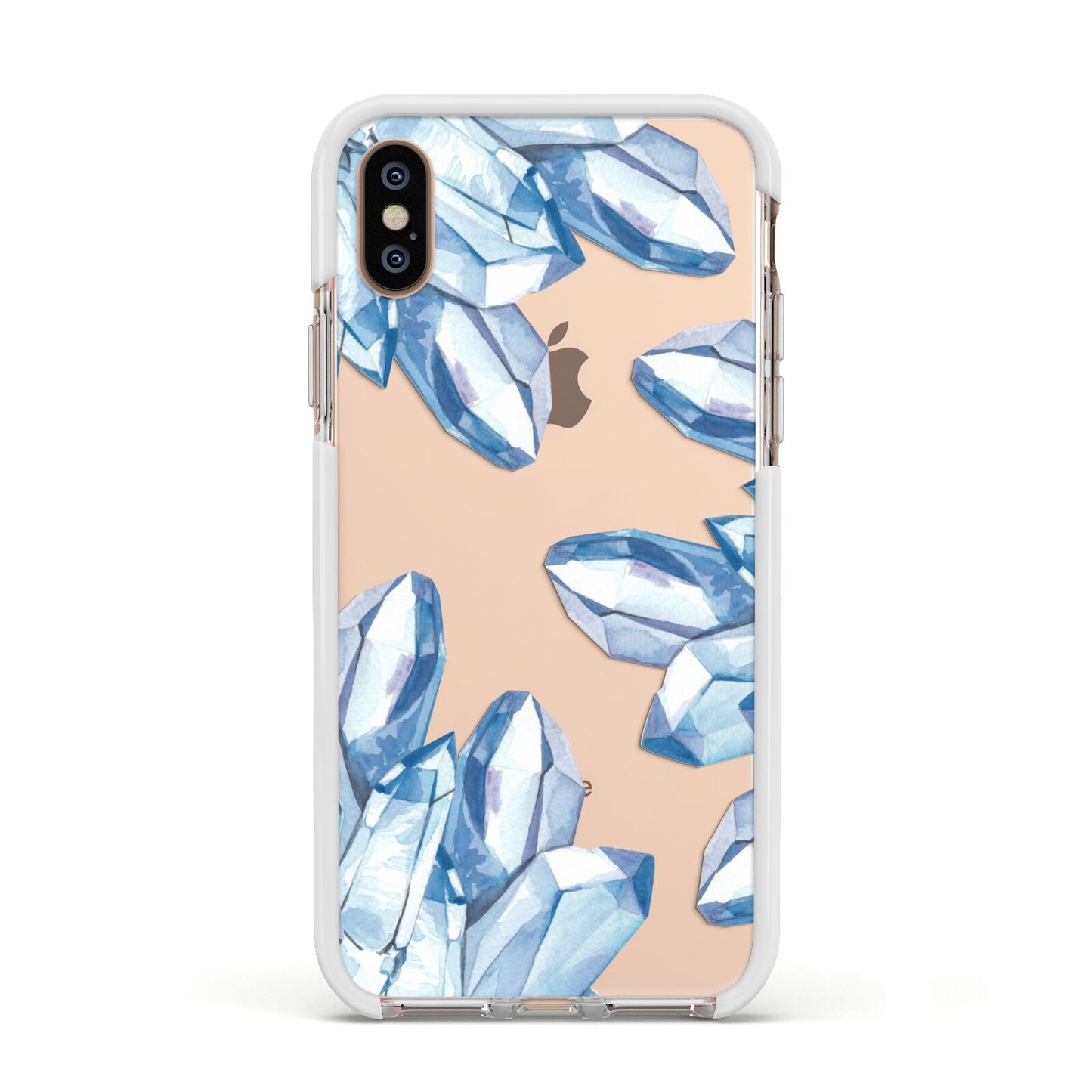 Blue Crystals Apple iPhone Xs Impact Case White Edge on Gold Phone