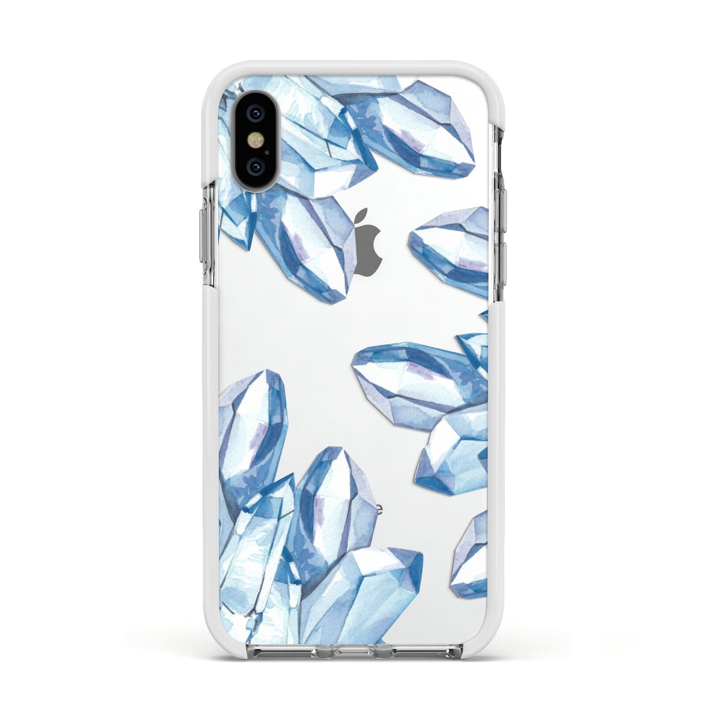 Blue Crystals Apple iPhone Xs Impact Case White Edge on Silver Phone