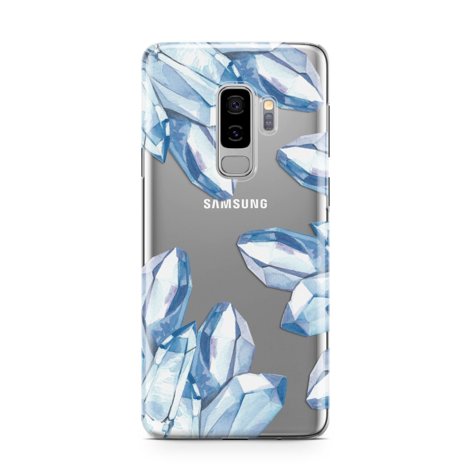 Blue Crystals Samsung Galaxy S9 Plus Case on Silver phone