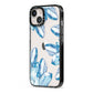 Blue Crystals iPhone 13 Black Impact Case Side Angle on Silver phone