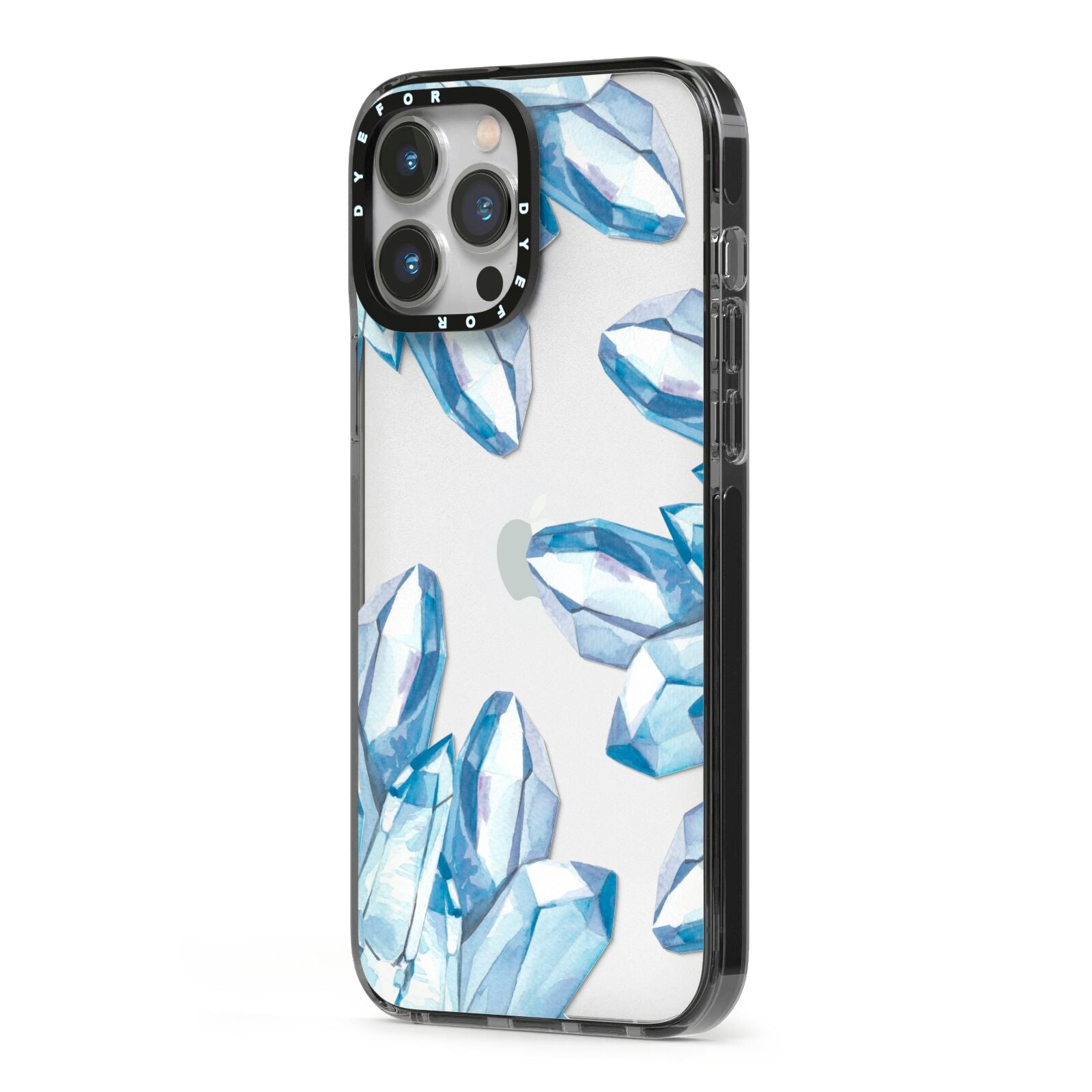 Blue Crystals iPhone 13 Pro Max Black Impact Case Side Angle on Silver phone