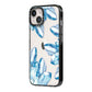 Blue Crystals iPhone 14 Black Impact Case Side Angle on Silver phone