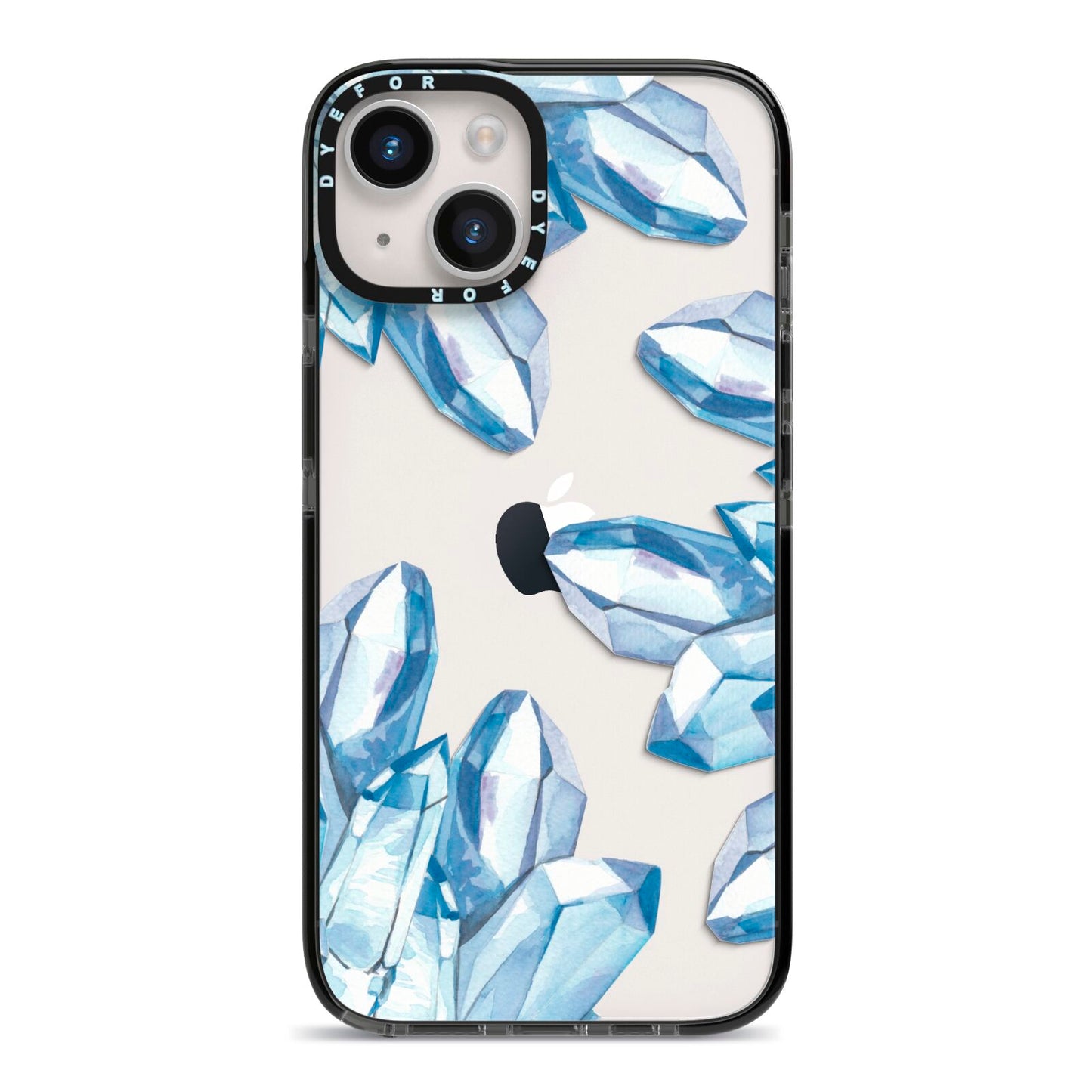 Blue Crystals iPhone 14 Black Impact Case on Silver phone