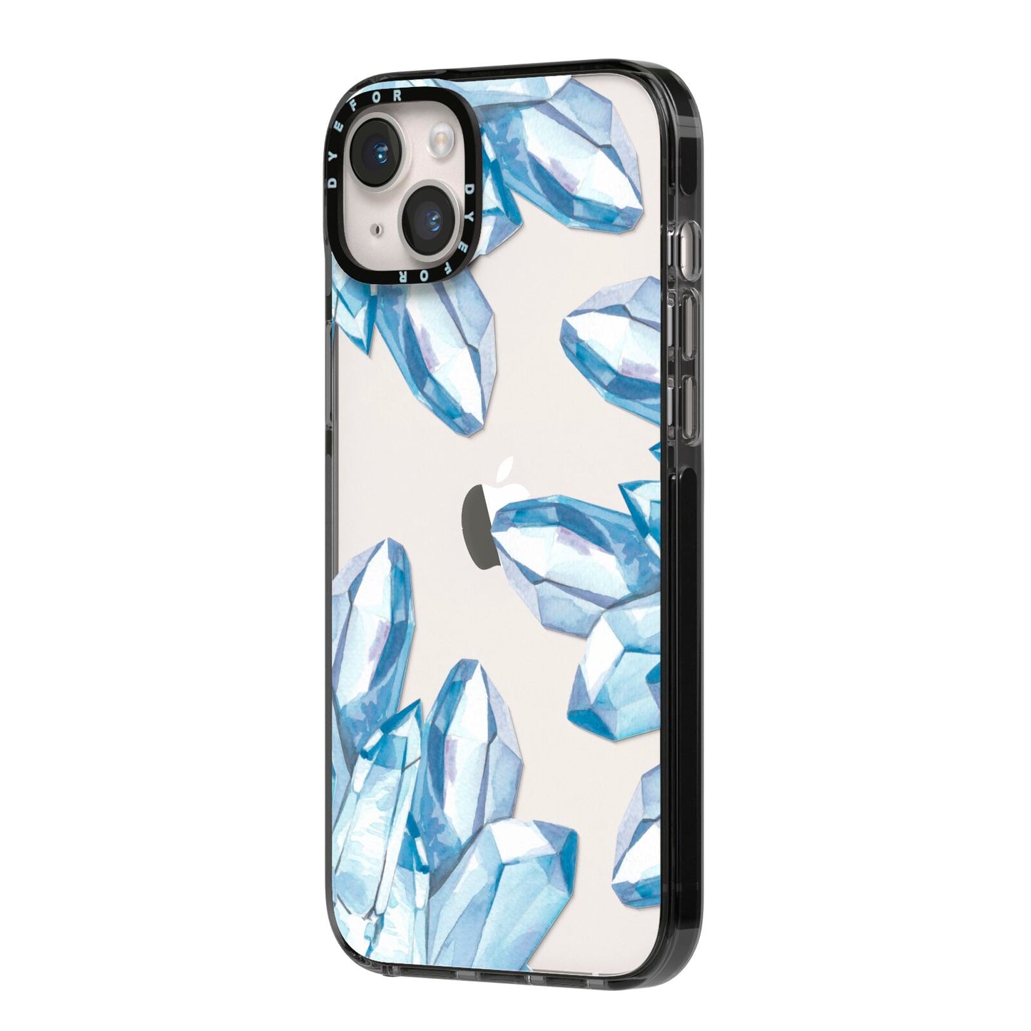 Blue Crystals iPhone 14 Plus Black Impact Case Side Angle on Silver phone