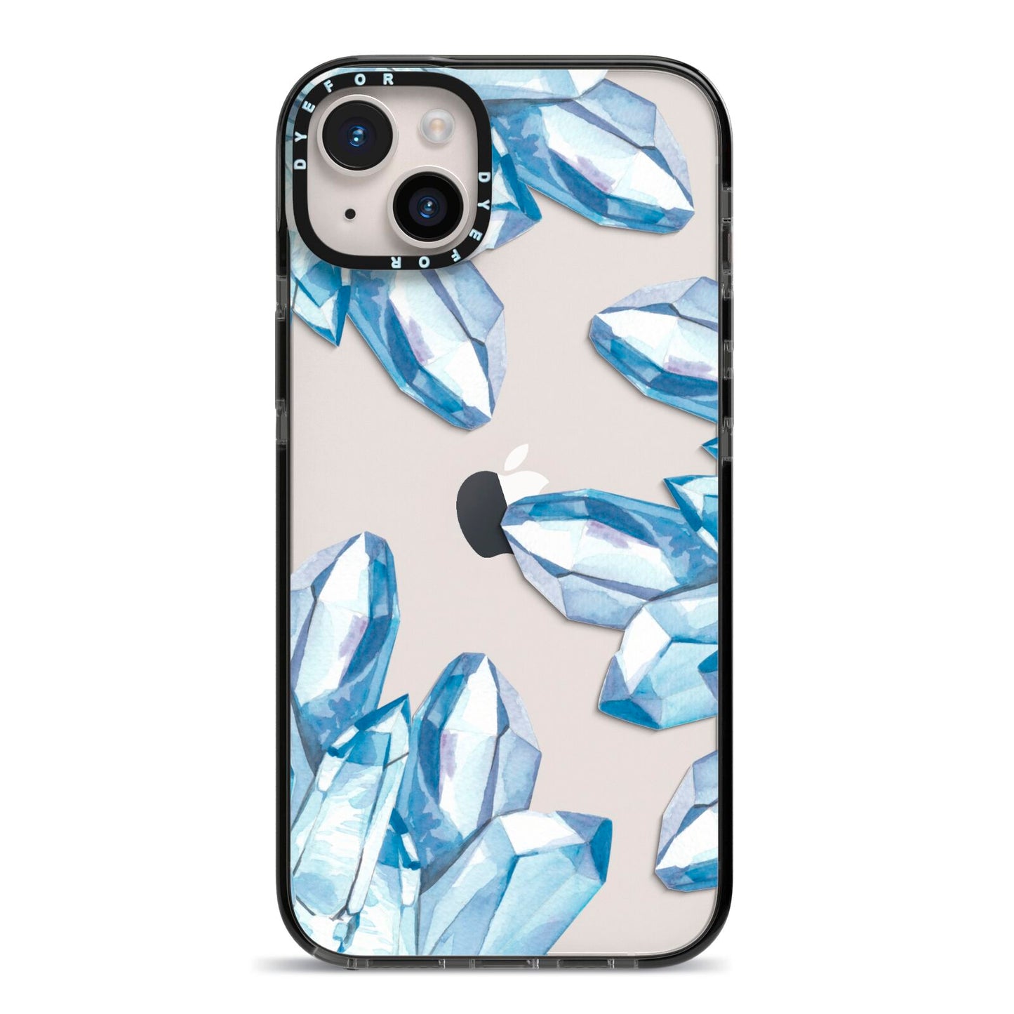 Blue Crystals iPhone 14 Plus Black Impact Case on Silver phone