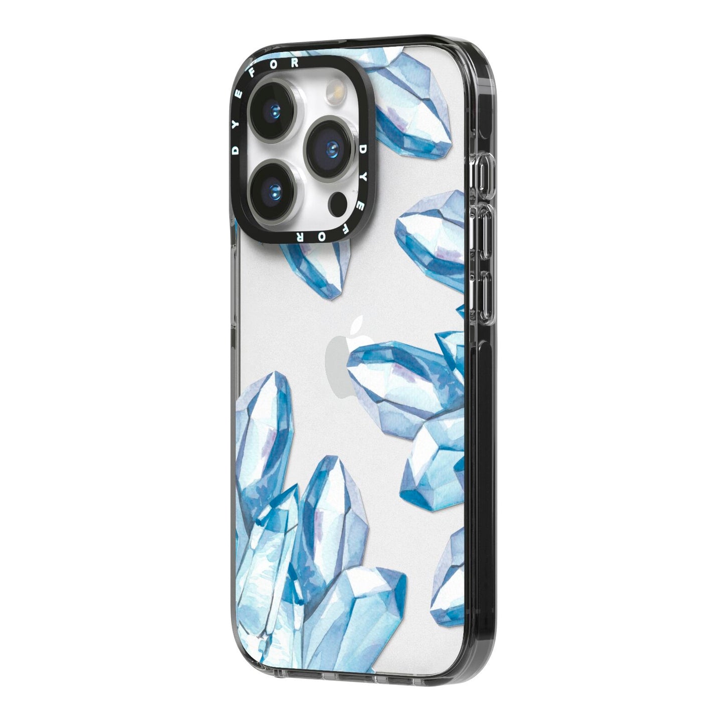 Blue Crystals iPhone 14 Pro Black Impact Case Side Angle on Silver phone