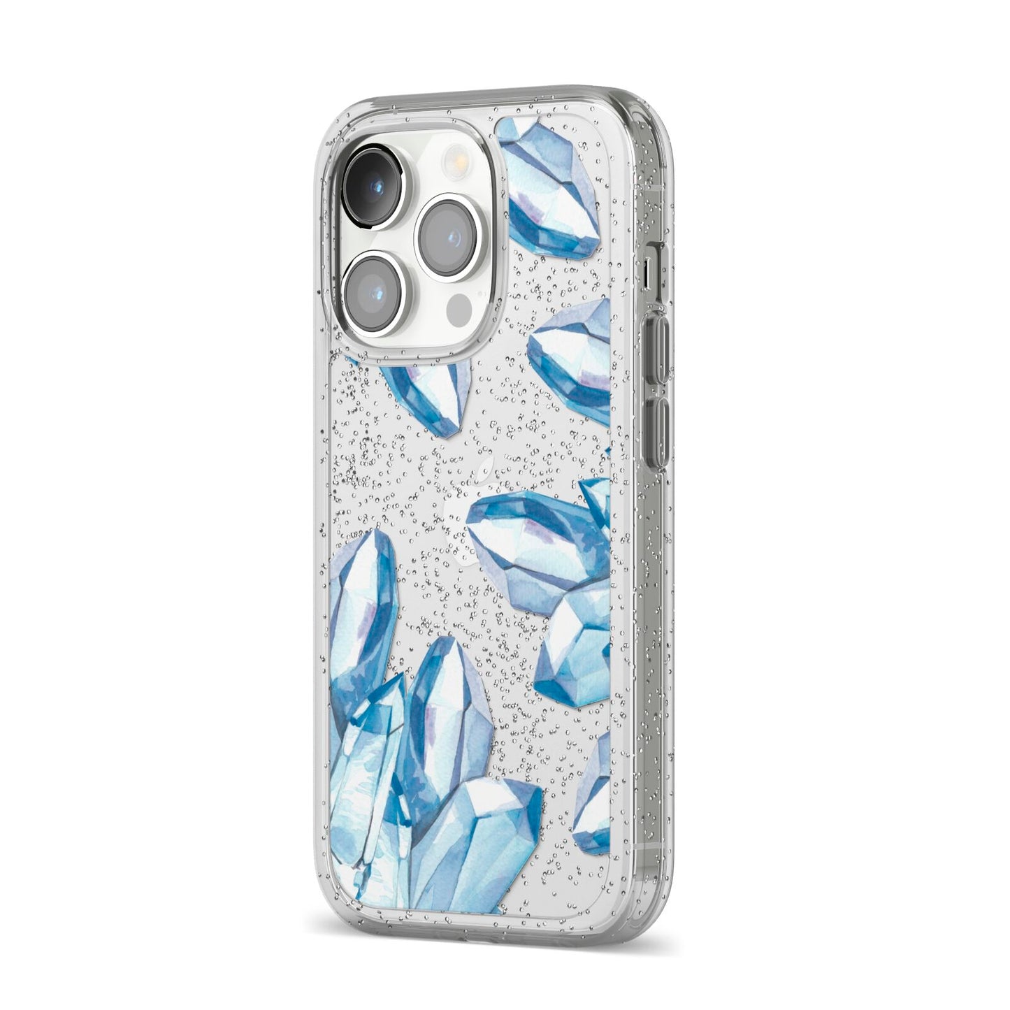 Blue Crystals iPhone 14 Pro Glitter Tough Case Silver Angled Image