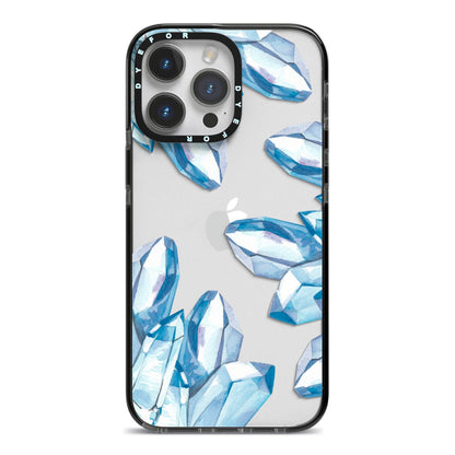 Blue Crystals iPhone 14 Pro Max Black Impact Case on Silver phone