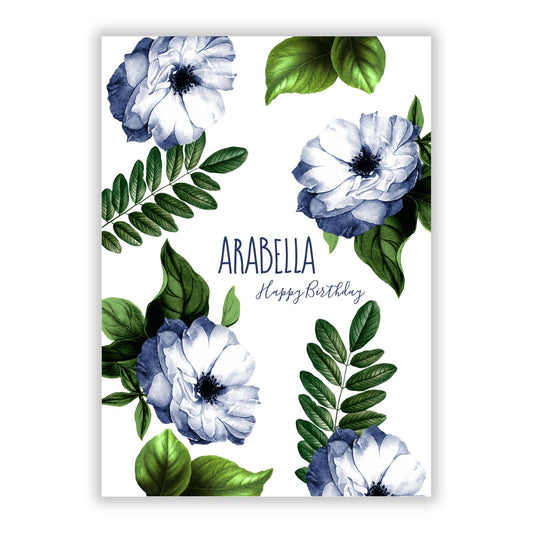 Blue Floral Personalised Happy Birthday A5 Flat Greetings Card
