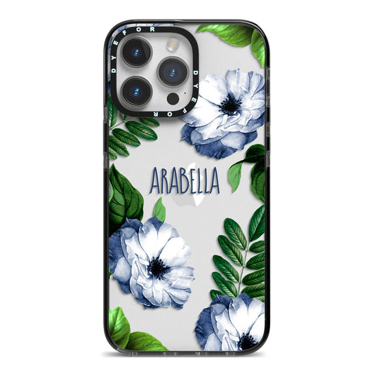 Blue Floral Personalised iPhone 14 Pro Max Black Impact Case on Silver phone