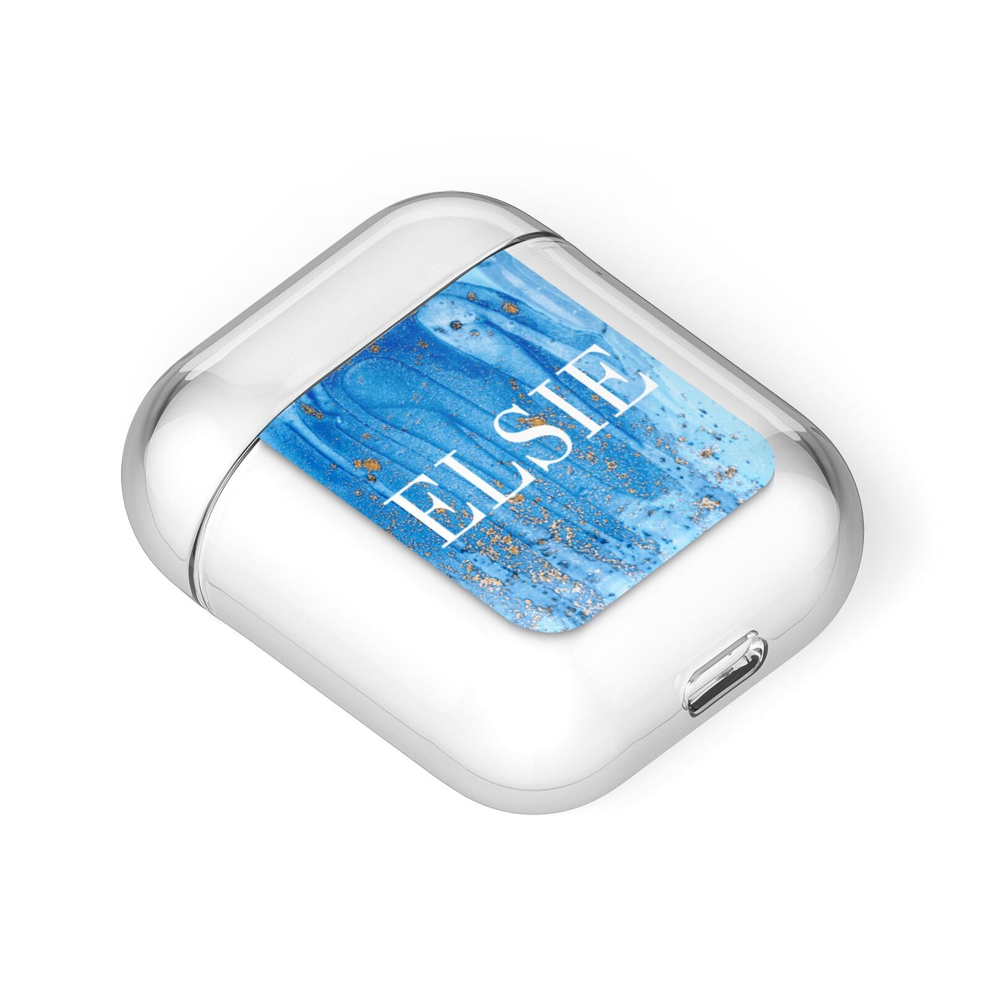 Blue Gold Marble Personalised AirPods Case Laid Flat