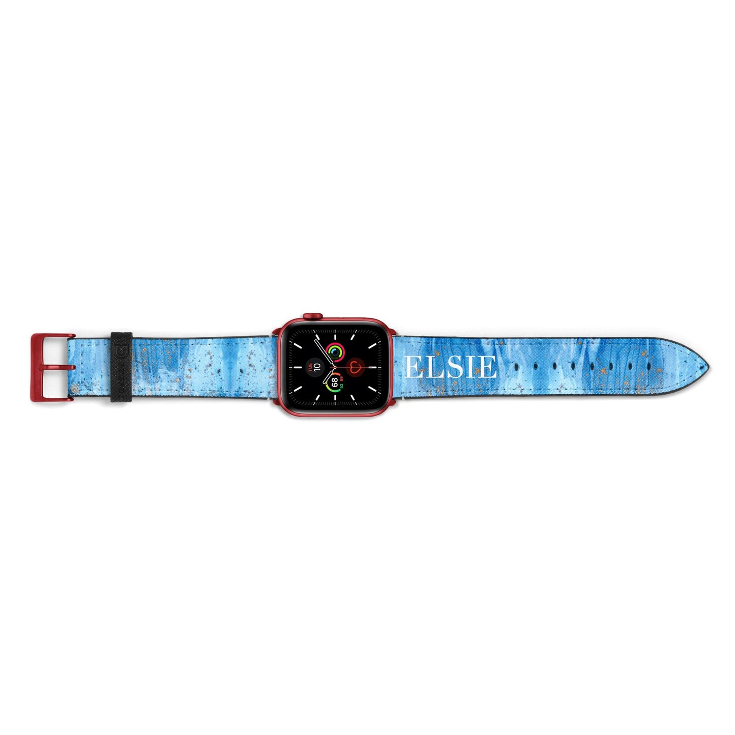 Blue Gold Marble Personalised Apple Watch Strap Landscape Image Red Hardware