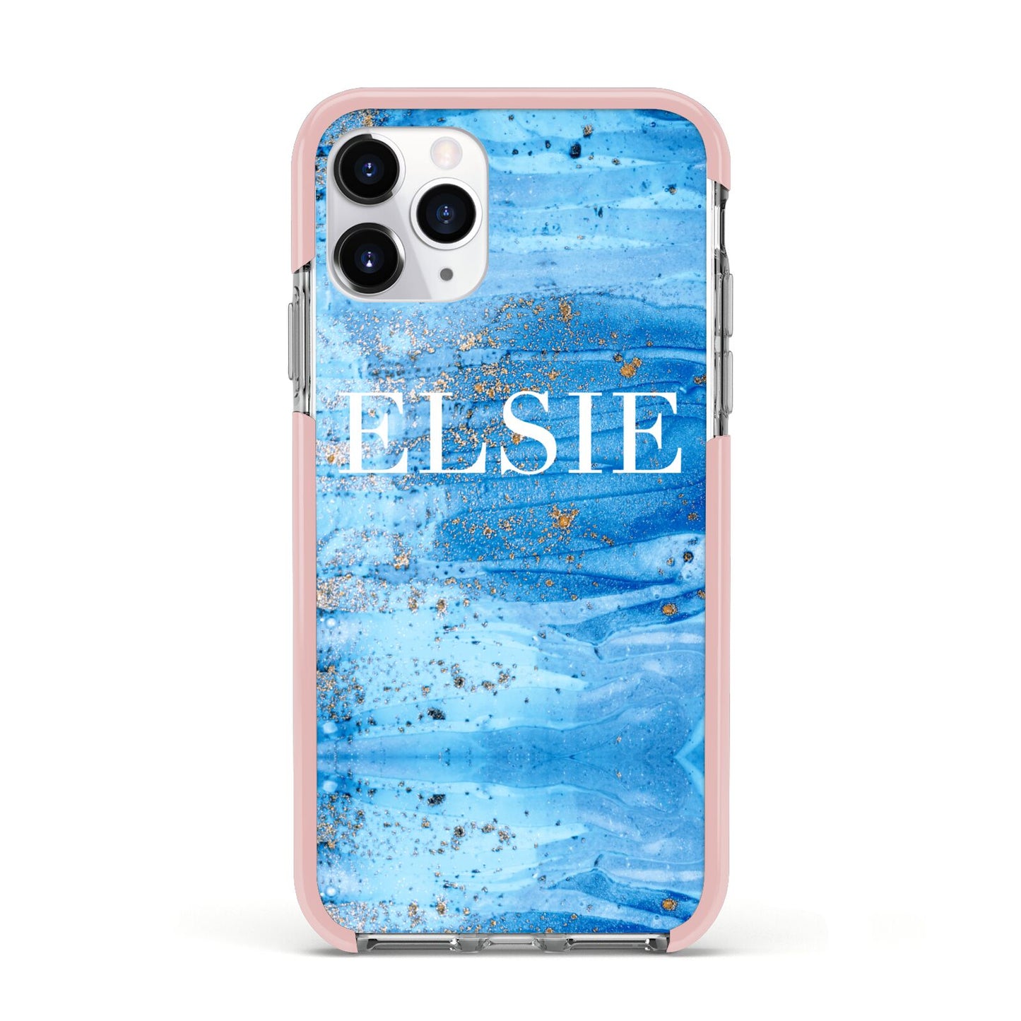 Blue Gold Marble Personalised Apple iPhone 11 Pro in Silver with Pink Impact Case