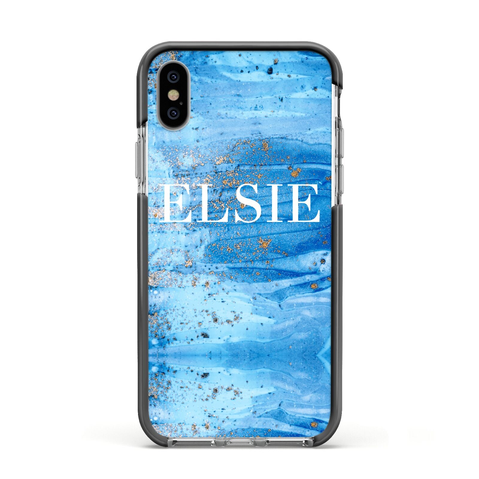 Blue Gold Marble Personalised Apple iPhone Xs Impact Case Black Edge on Silver Phone
