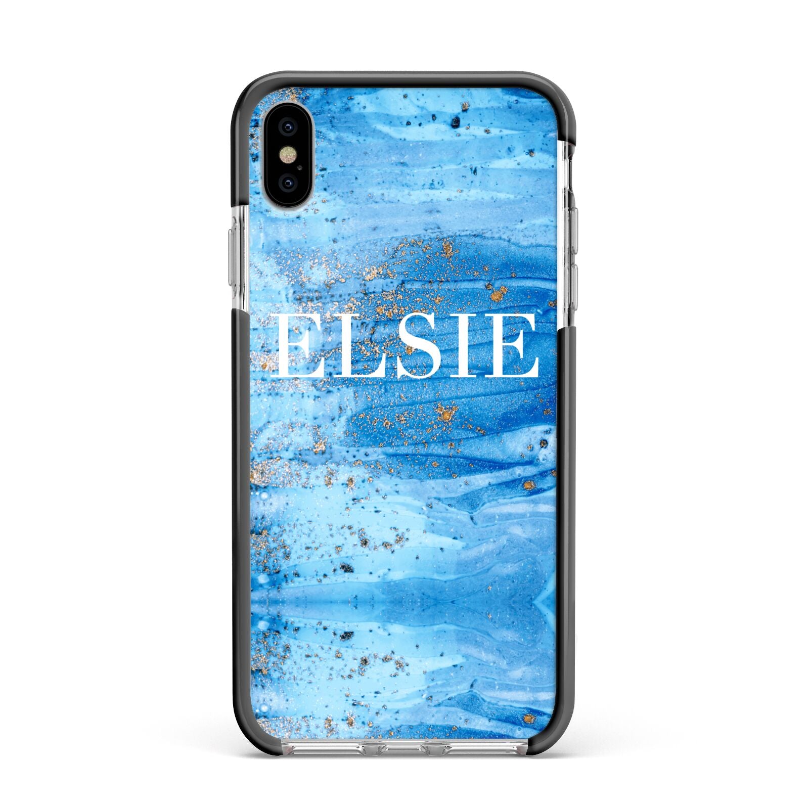 Blue Gold Marble Personalised Apple iPhone Xs Max Impact Case Black Edge on Silver Phone