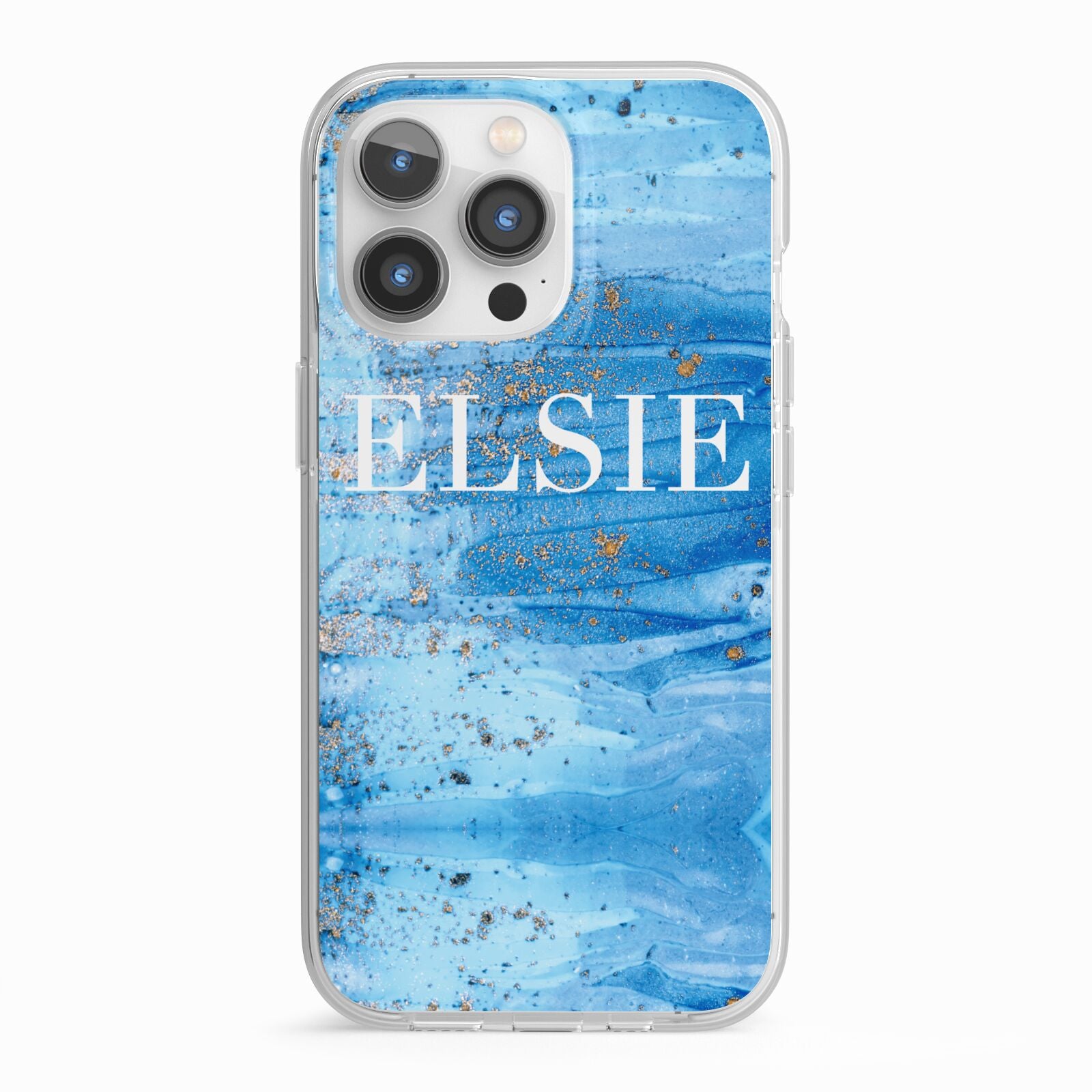 Blue Gold Marble Personalised iPhone 13 Pro TPU Impact Case with White Edges