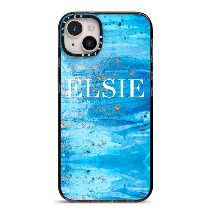 Blue Gold Marble Personalised iPhone 14 Plus Black Impact Case on Silver phone