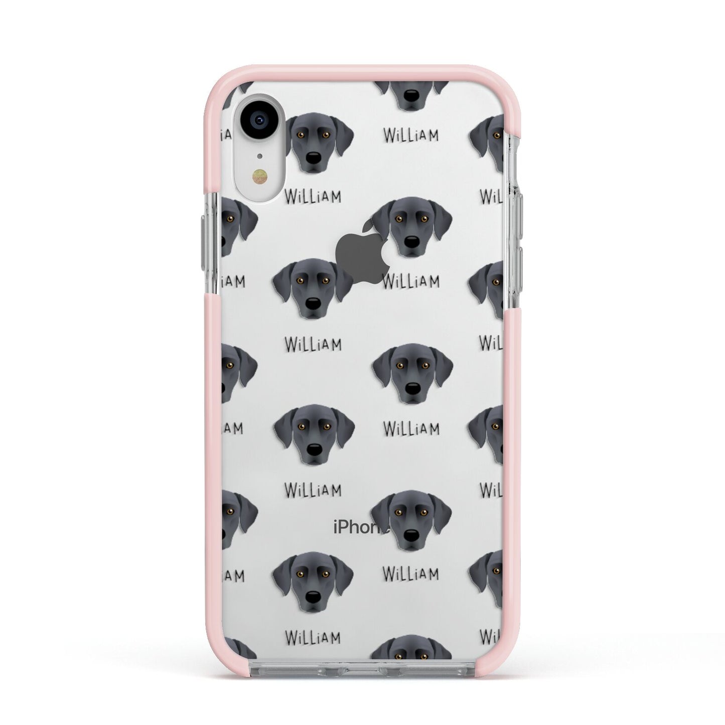 Blue Lacy Icon with Name Apple iPhone XR Impact Case Pink Edge on Silver Phone