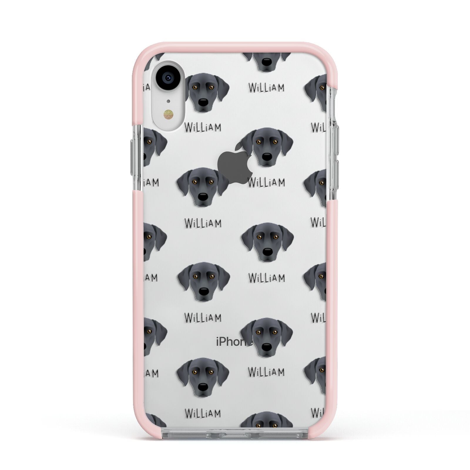 Blue Lacy Icon with Name Apple iPhone XR Impact Case Pink Edge on Silver Phone