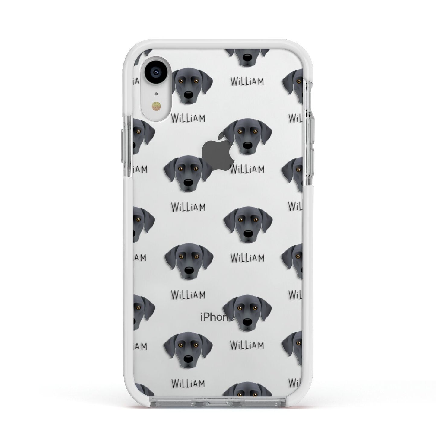 Blue Lacy Icon with Name Apple iPhone XR Impact Case White Edge on Silver Phone