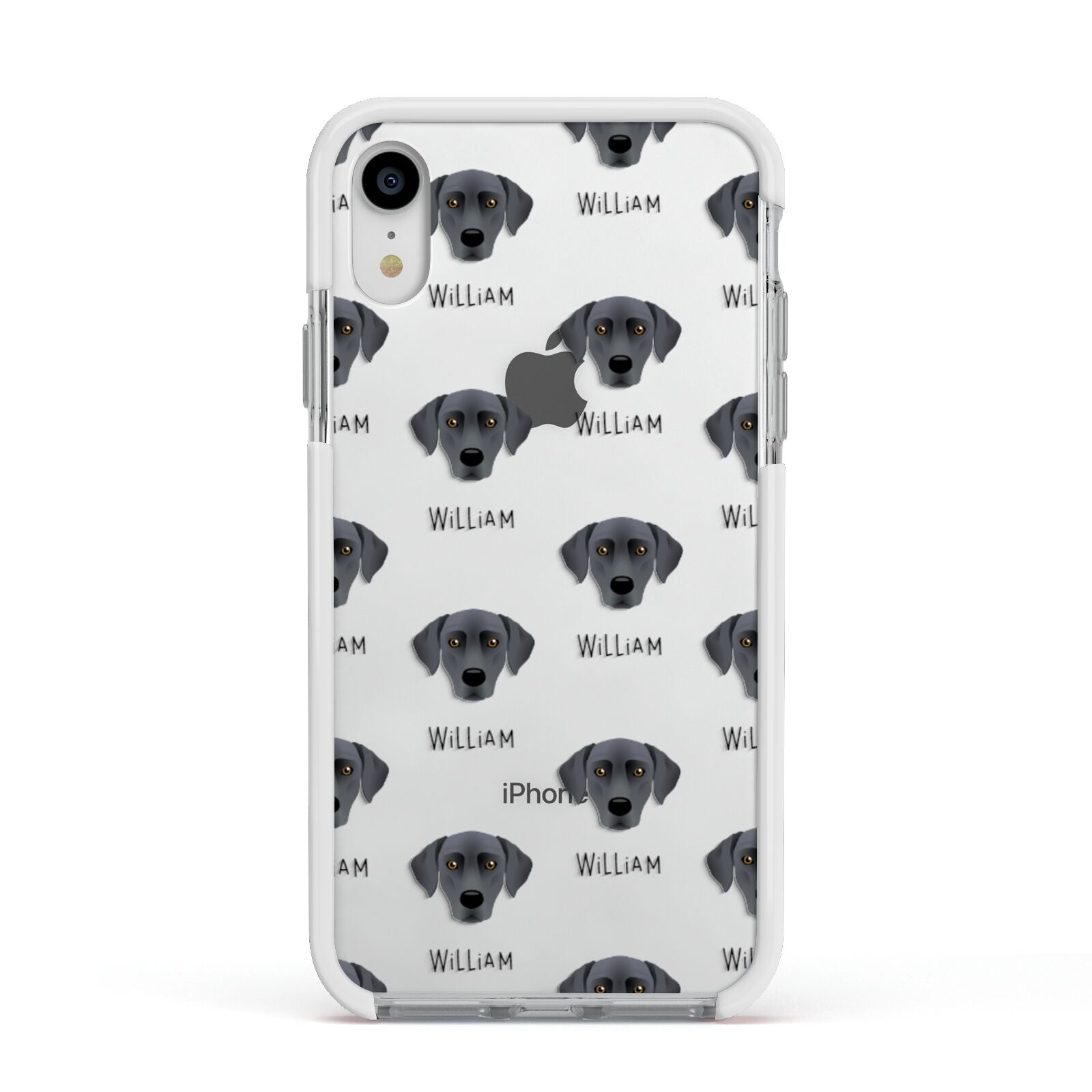 Blue Lacy Icon with Name Apple iPhone XR Impact Case White Edge on Silver Phone