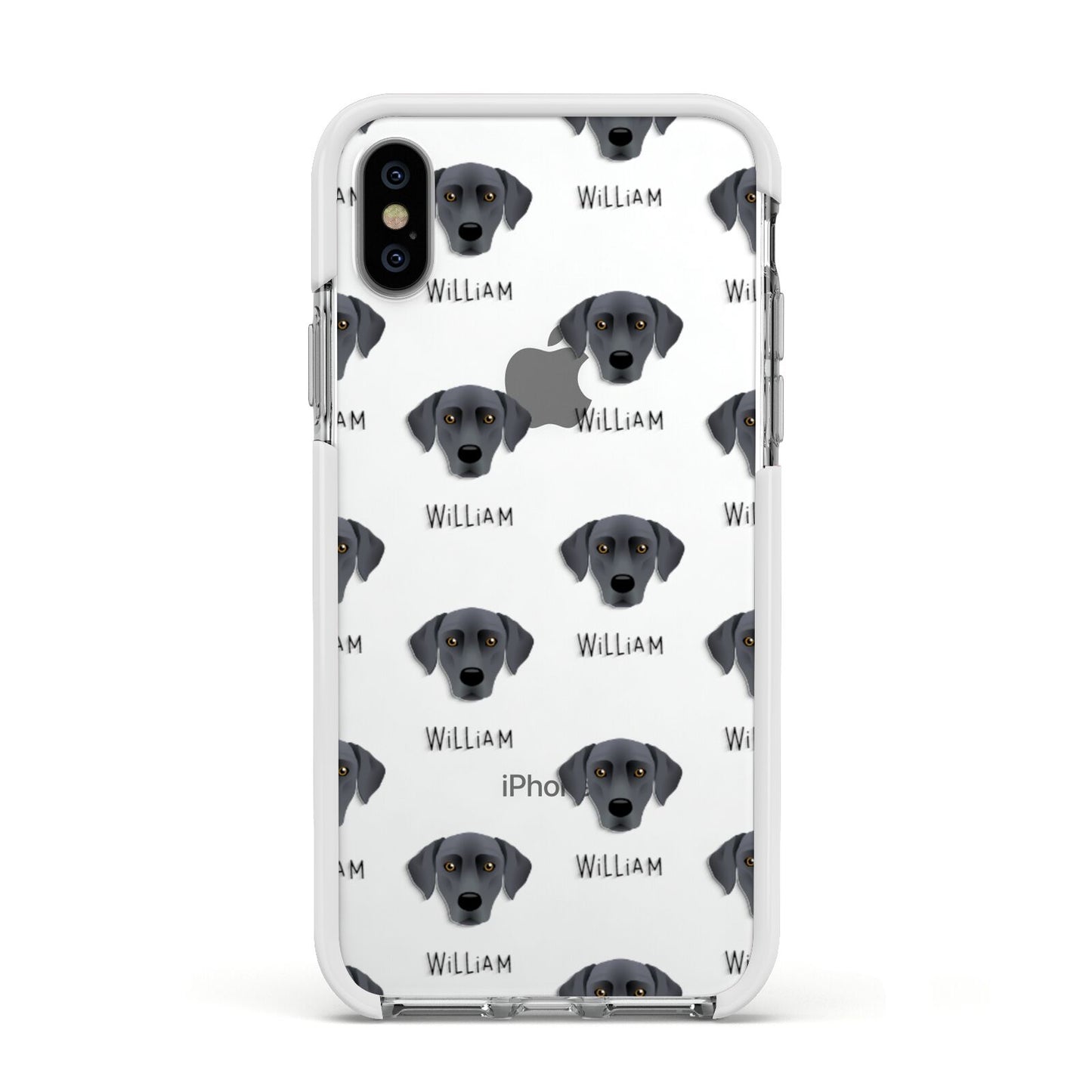 Blue Lacy Icon with Name Apple iPhone Xs Impact Case White Edge on Silver Phone