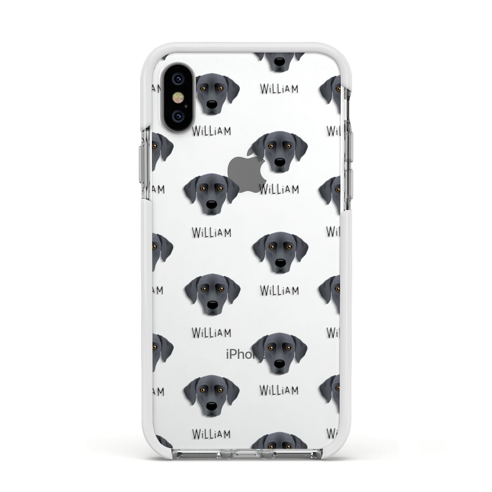 Blue Lacy Icon with Name Apple iPhone Xs Impact Case White Edge on Silver Phone