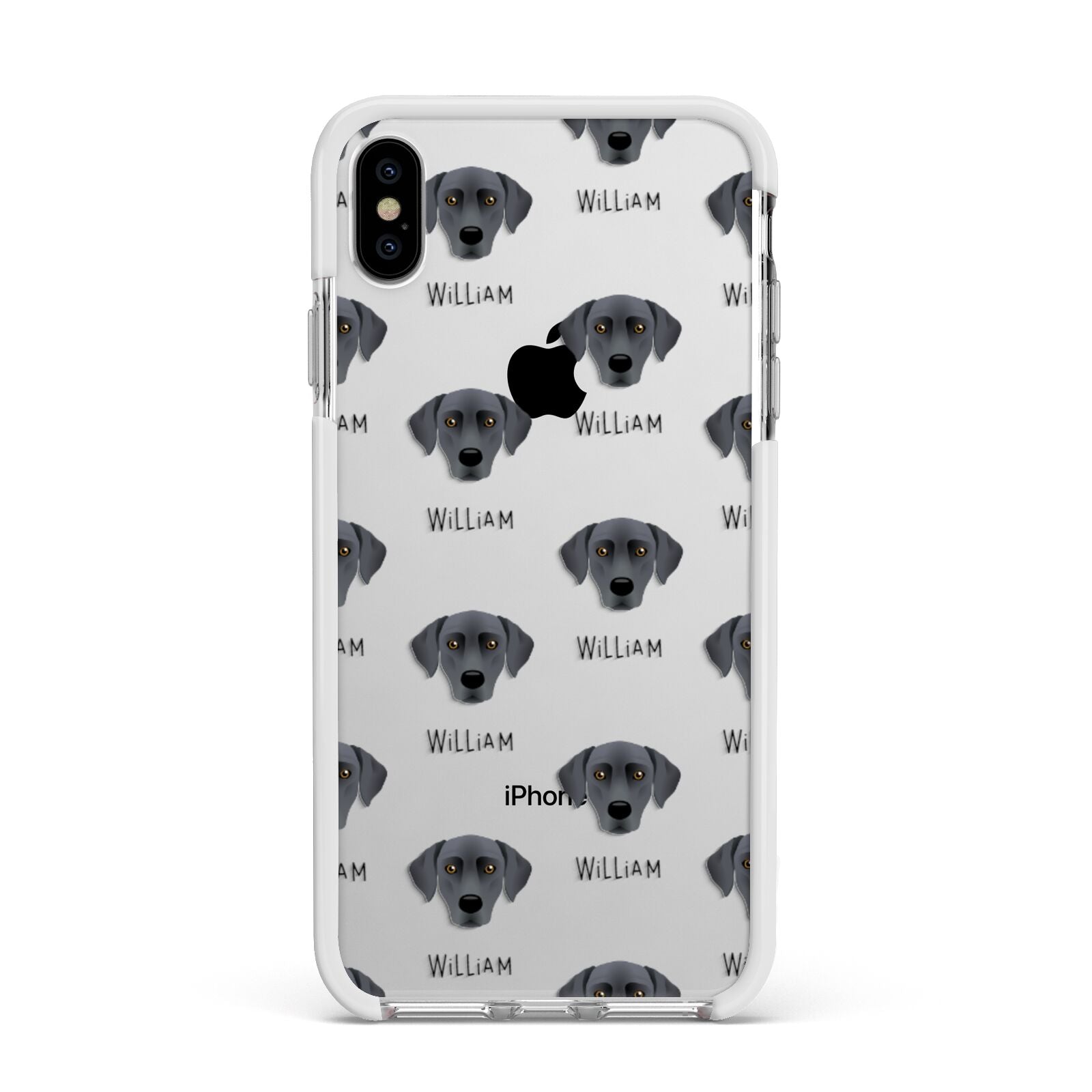 Blue Lacy Icon with Name Apple iPhone Xs Max Impact Case White Edge on Silver Phone