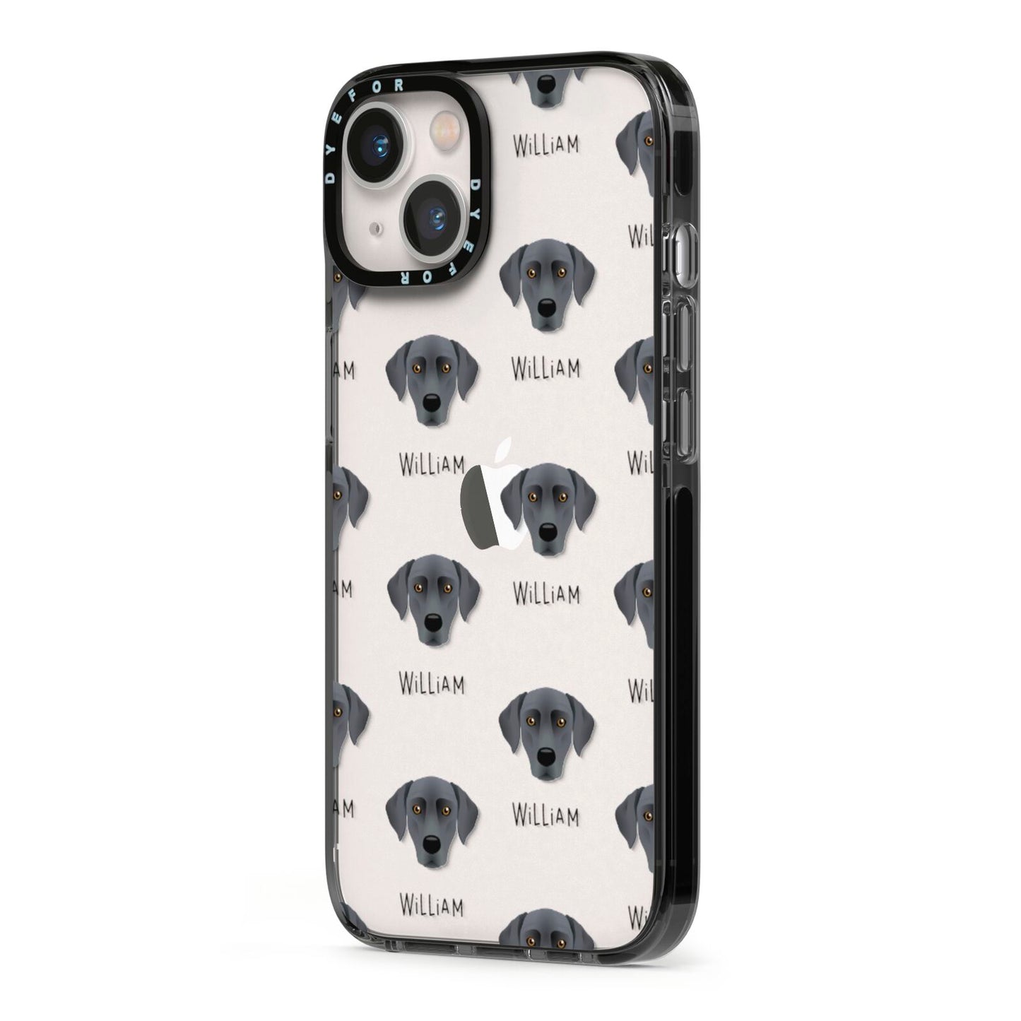 Blue Lacy Icon with Name iPhone 13 Black Impact Case Side Angle on Silver phone