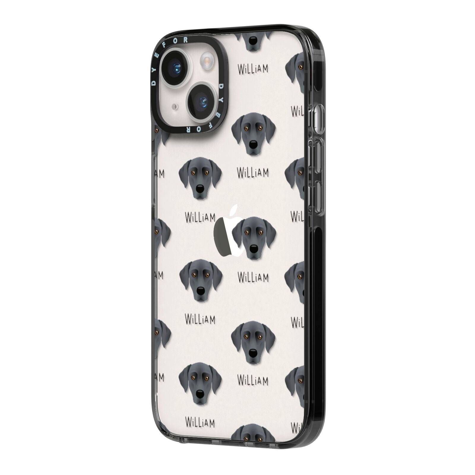Blue Lacy Icon with Name iPhone 14 Black Impact Case Side Angle on Silver phone