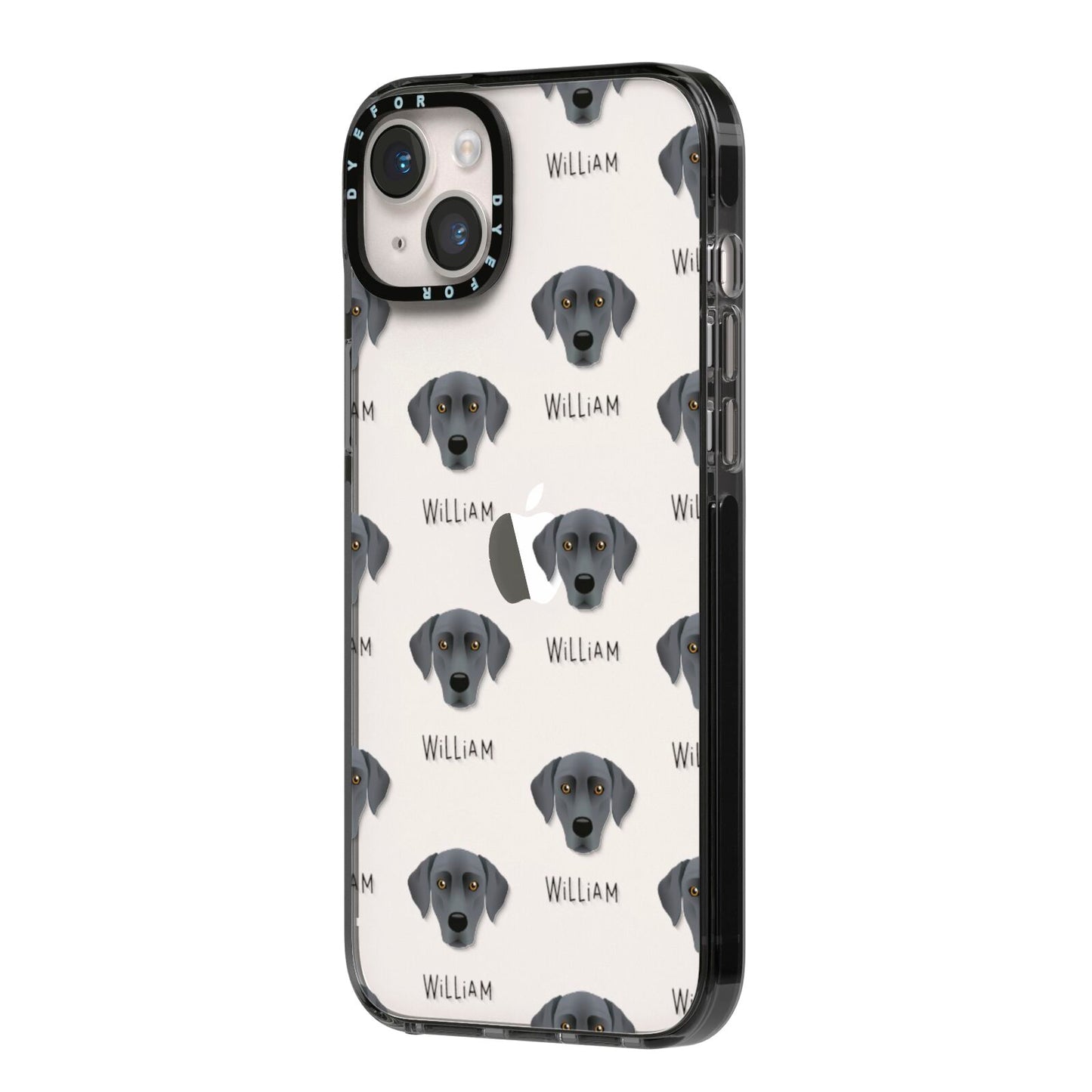 Blue Lacy Icon with Name iPhone 14 Plus Black Impact Case Side Angle on Silver phone