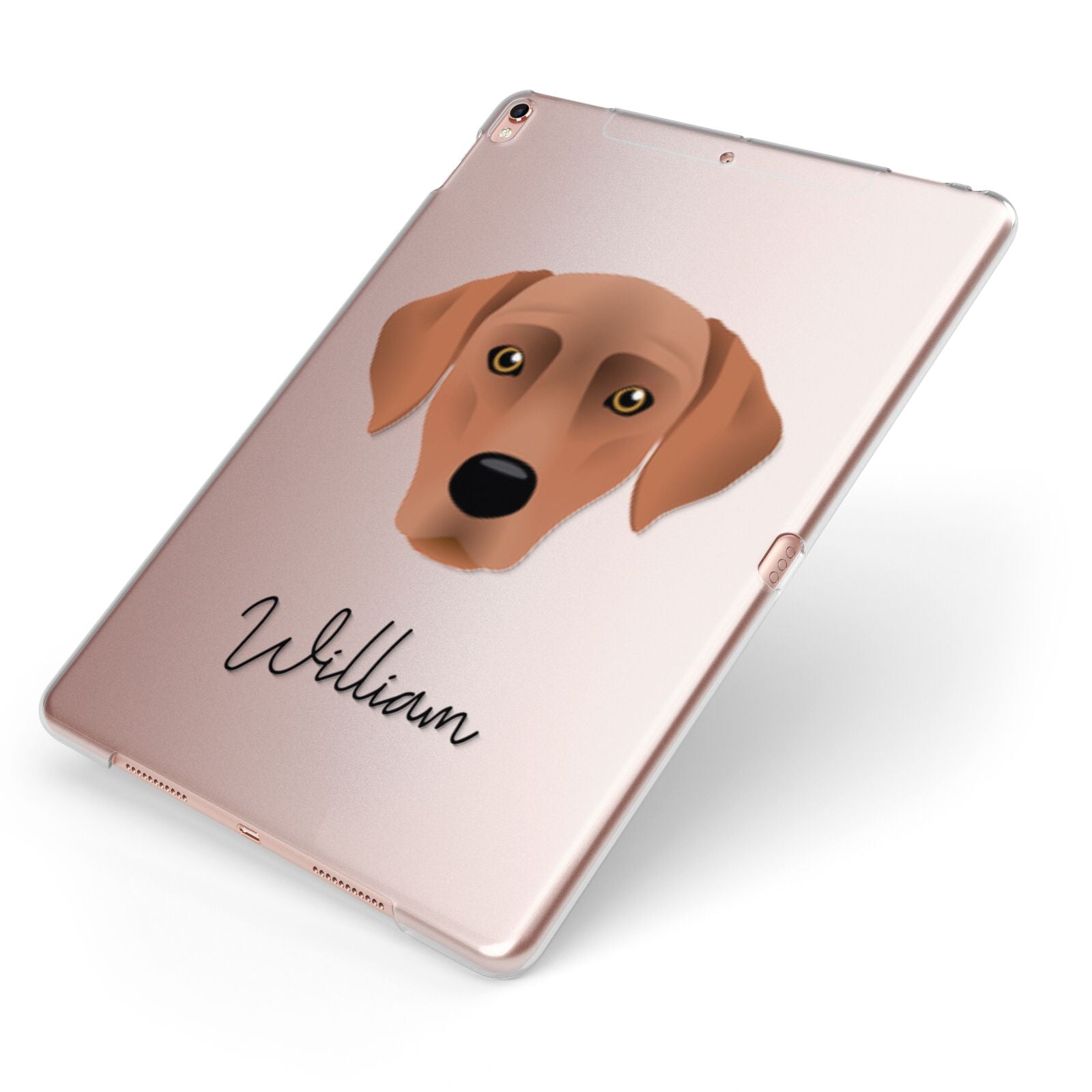 Blue Lacy Personalised Apple iPad Case on Rose Gold iPad Side View