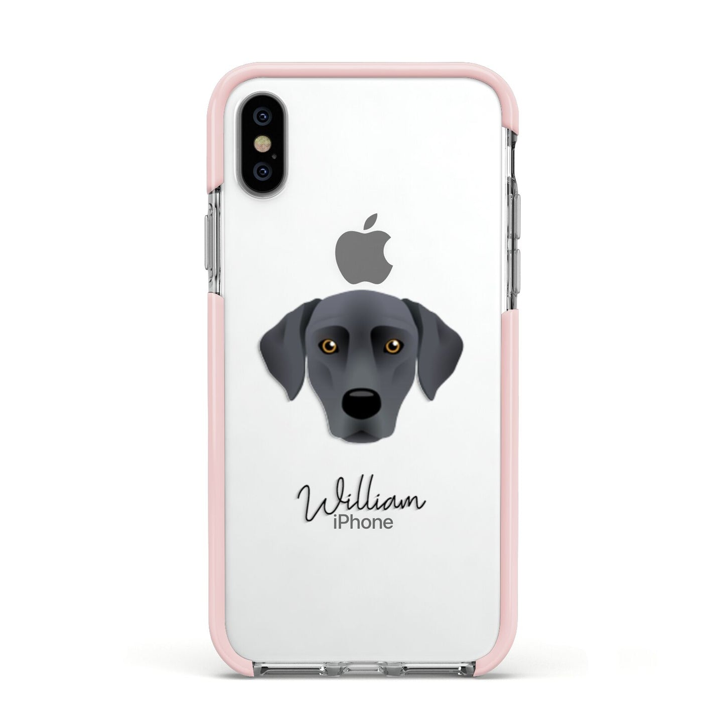 Blue Lacy Personalised Apple iPhone Xs Impact Case Pink Edge on Silver Phone