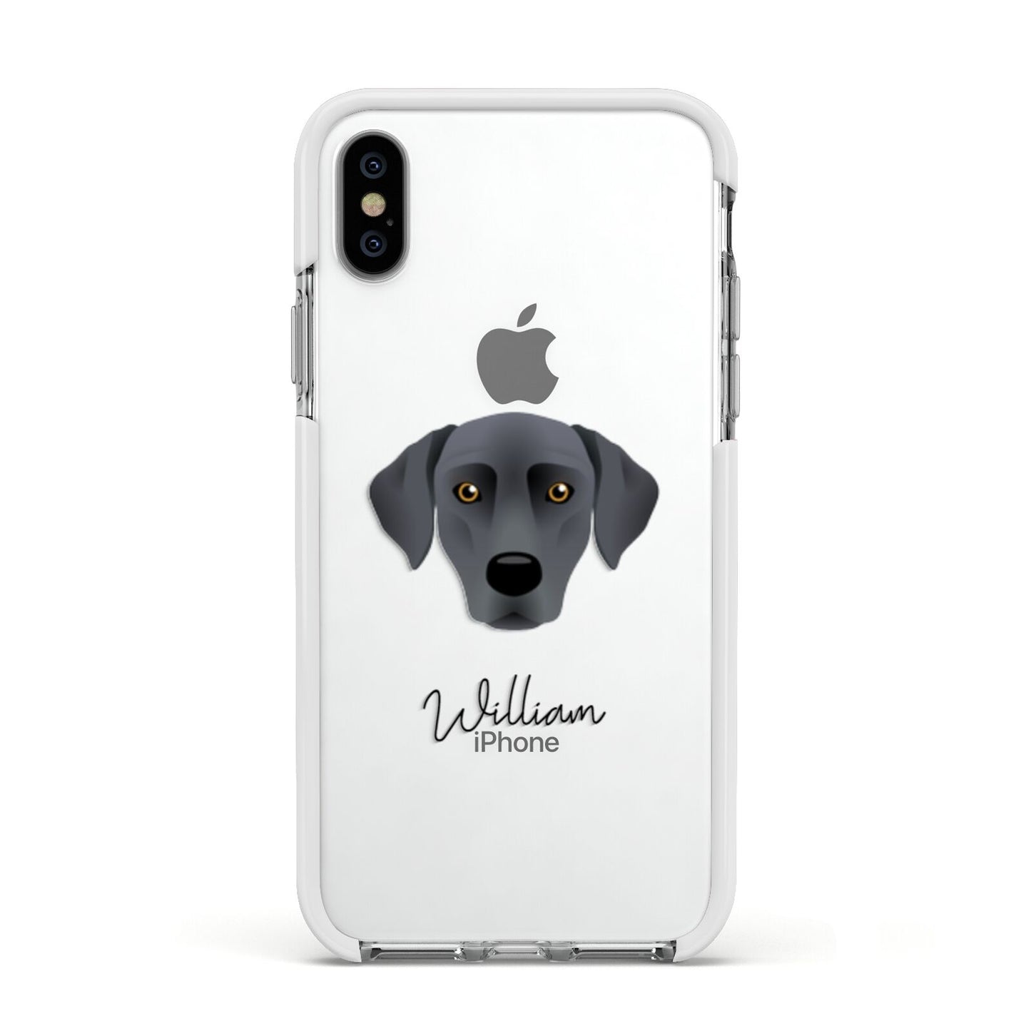 Blue Lacy Personalised Apple iPhone Xs Impact Case White Edge on Silver Phone