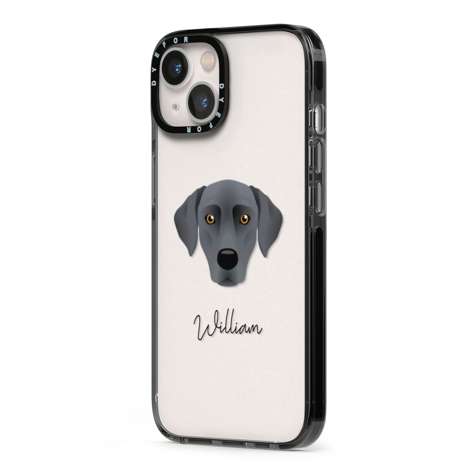 Blue Lacy Personalised iPhone 13 Black Impact Case Side Angle on Silver phone