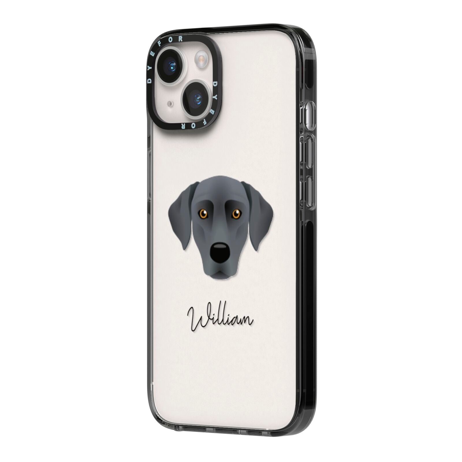 Blue Lacy Personalised iPhone 14 Black Impact Case Side Angle on Silver phone