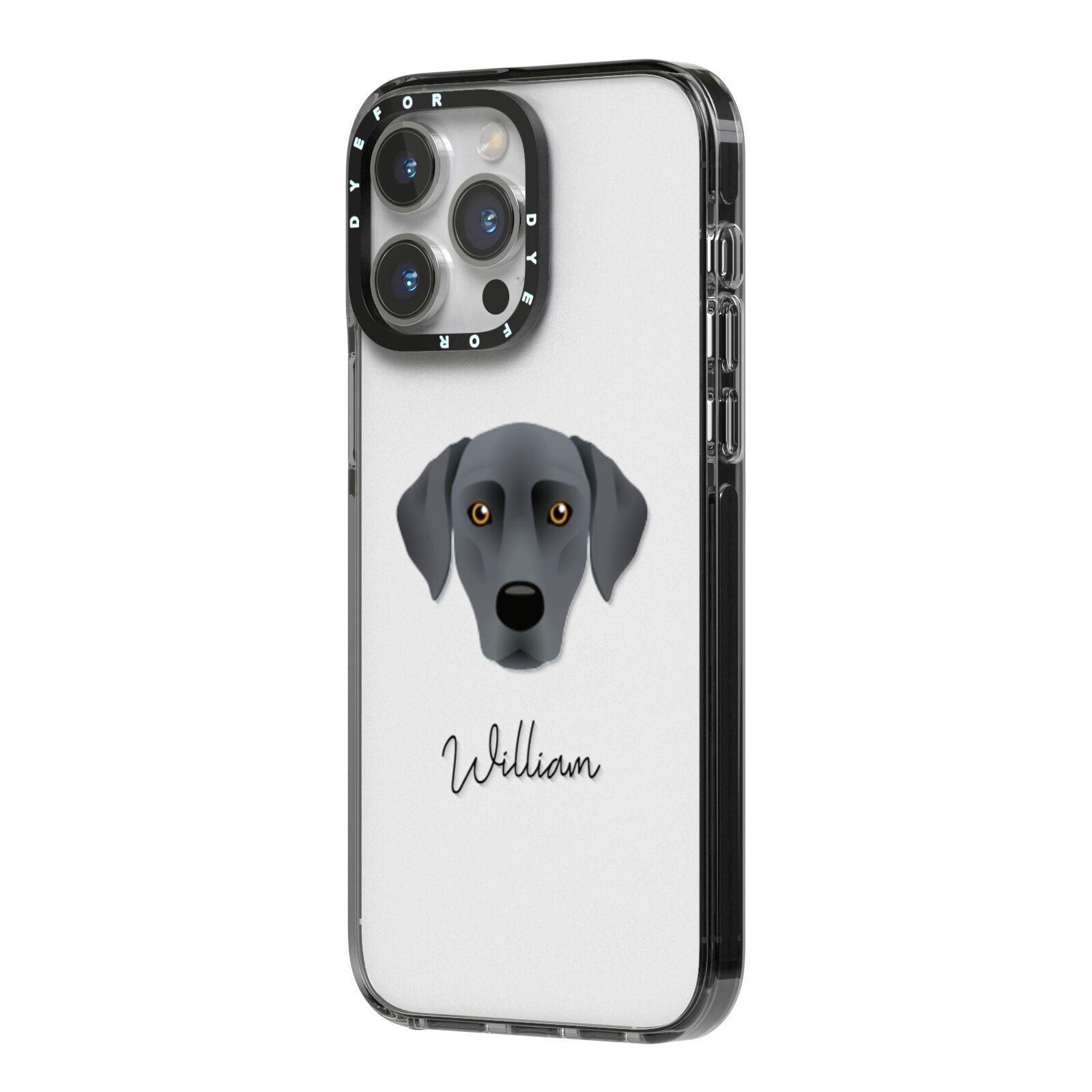 Blue Lacy Personalised iPhone 14 Pro Max Black Impact Case Side Angle on Silver phone