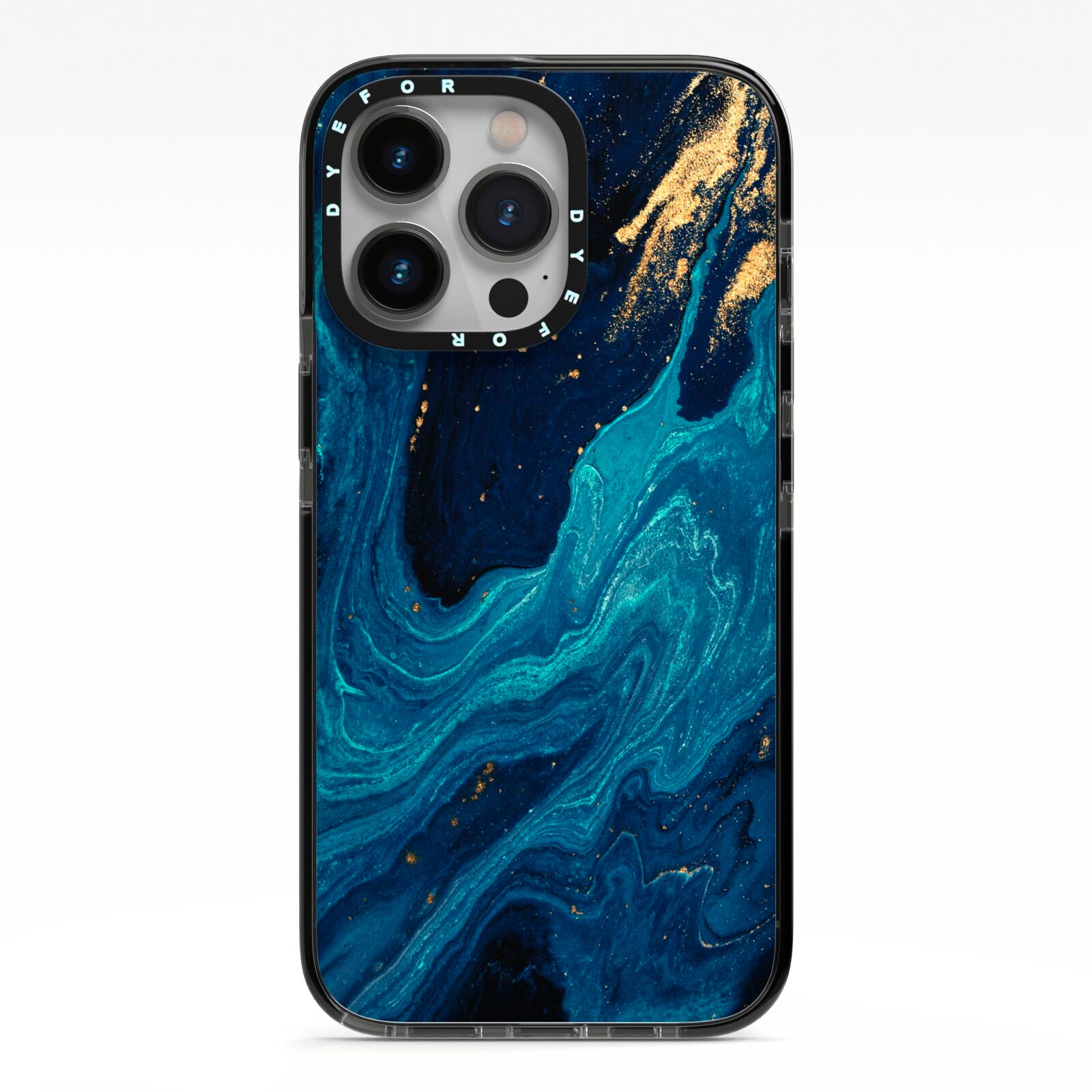 Blue Lagoon Marble iPhone 13 Pro Black Impact Case on Silver phone