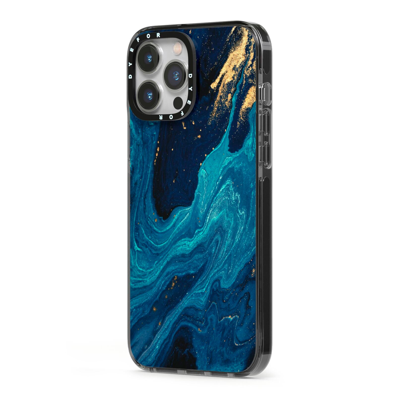 Blue Lagoon Marble iPhone 13 Pro Max Black Impact Case Side Angle on Silver phone