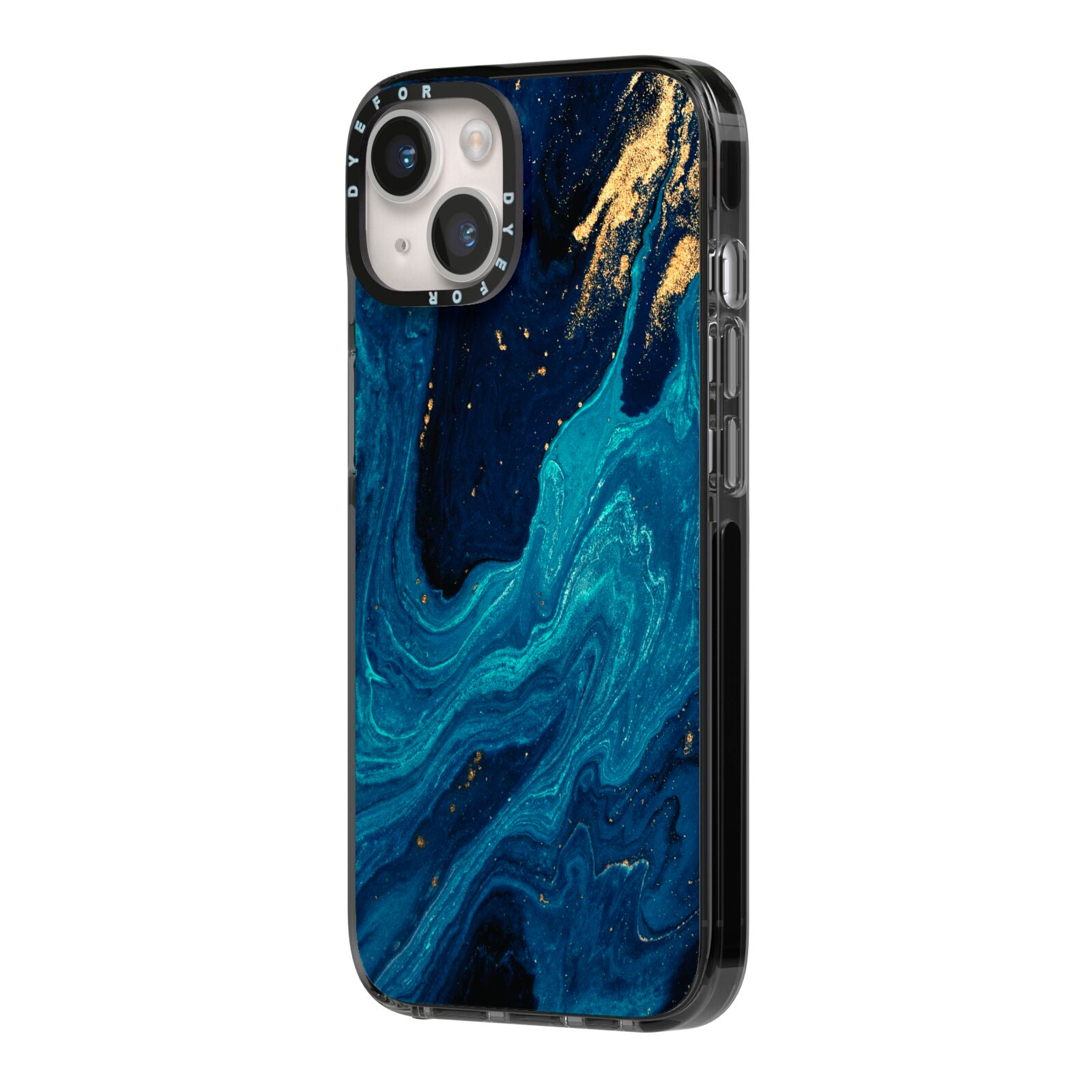 Blue Lagoon Marble iPhone 14 Black Impact Case Side Angle on Silver phone